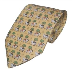 HERMES | Silk Tie Made in France Cow Animal Palm Tree Print Yellow